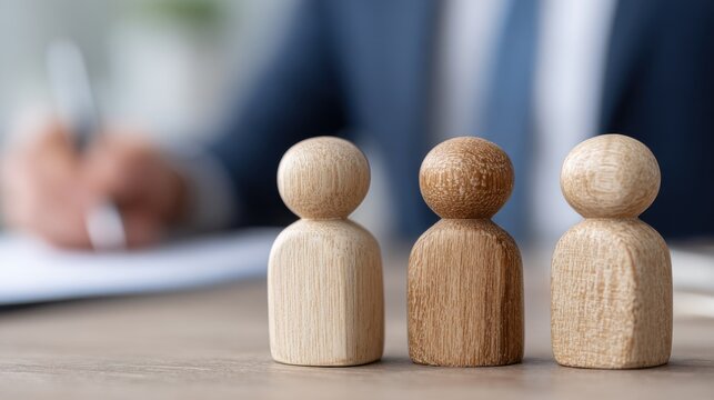 Business Recruitment and Decision: A visual depiction of business decision making, featuring wooden figures representing potential candidates alongside a person in formal business attire - Powered by Adobe