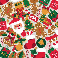 Whimsical christmas pattern with gingerbread cookies and santa claus