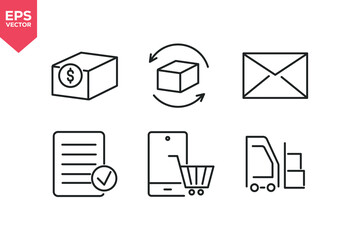 Set of line icons related to cash on delivery, product exchange, notification, order confirmation, mobile shopping, forklift operation.  Editable stroke. Vector illustration