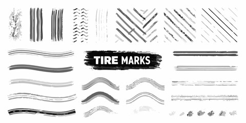 Collection of various grunge tire marks and brush strokes in grayscale for design elements