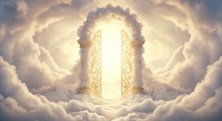 Heavenly gates adorned with clouds and radiant light create a serene atmosphere