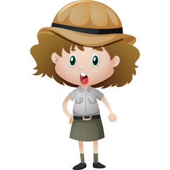 Young Explorer Girl Wearing A Khaki Safari Hat And Outfit Standing With Open Mouth And Wide Eyes Excitedly Awaiting Adventure On A Transparent Background