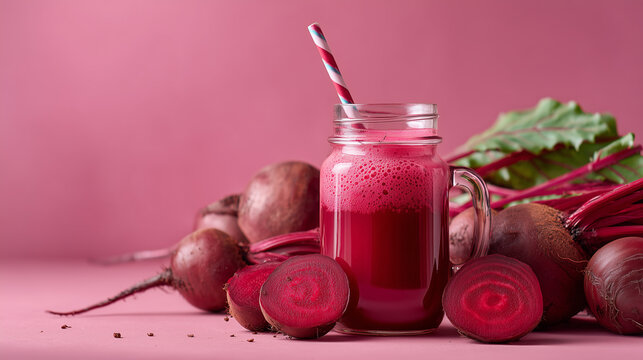 Refreshing beetroot drink served with fresh beets on a pink background