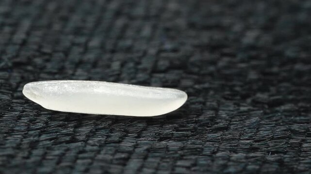 Extreme close-up 4K macro shot of a single ST25 rice grain. The uncooked, raw grain is static on a minimal black textured fabric background, showing premium detail and quality.