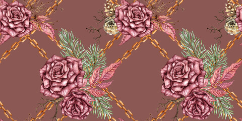 Burgundy roses, fir branches, cones, dry branches, dried flowers, leaves and chains seamless pattern watercolor illustration. Isolated dark pink, suitable for Christmas and New Year wrapping paper, 