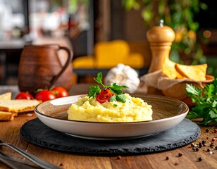 A close-up showcases a creamy mashed potato dish, garnished with parsley and tomato, on a rustic plate. Surrounding are ingredients