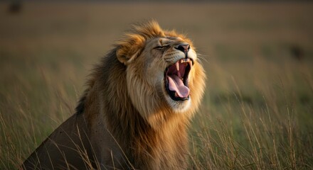 Majestic Male Lion Yawning in the African Savanna at Sunset Capturing the Essence of Wildlife