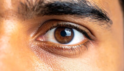 A close-up view of a brown eye, capturing intricate details of the iris, pupil, and surrounding skin. Highlighting the reflection