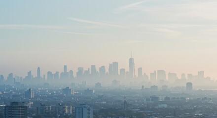 Fototapeta premium Misty Morning Over New York City Skyline: A Pale Haze Engulfs Urban Towers