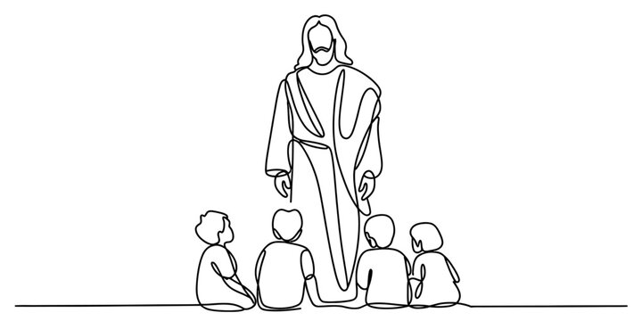 Continuous line art of jesus christ standing, affectionately teaching and guiding a devoted group of four young children, in a minimalist style.