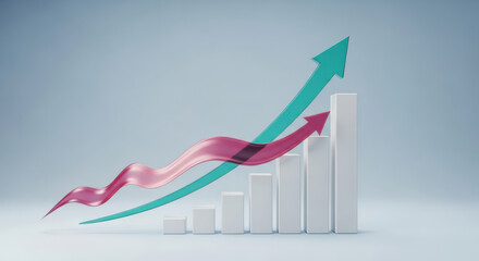 Abstract Bar Graph with Ascending Arrows Symbolizing Growth and Success in Business and Finance on Light Blue Background for Presentation and Marketing Materials