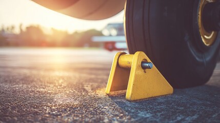 chock. A bright yellow wheel chock secured against a large aircraft tire on asphalt. mobility guides, transit brochures, designed for transport & logistics marketing.