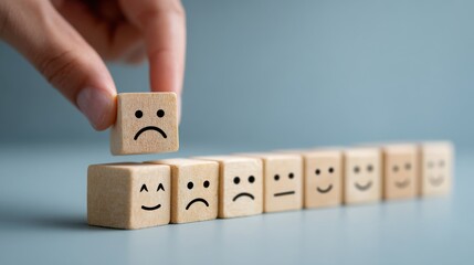 From Sadness to Happiness: A hand gently lifts a wooden block depicting a sad face, symbolizing the transformation of emotional states, moving from unhappiness towards joy and well-being.