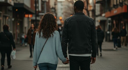 Romantic stroll: Rear view of a couple walking hand in hand through a vibrant urban street
