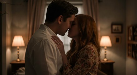Romantic intimate moment of a couple embracing in dimly lit vintage room interior expressing love