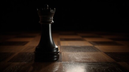 checkmate. Close-up of a chessboard with a black rook poised to capture. tutorial guides, club newsletters, workshop flyers, designed for sports & leisure club marketing, used by interior designers.