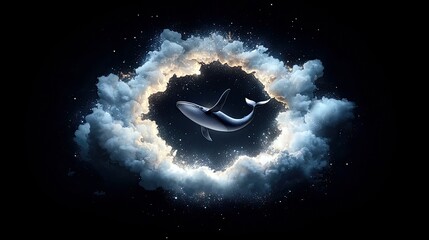 A whale is depicted swimming through a cosmic cloud formation, surrounded by stars and illuminated by a golden glow.