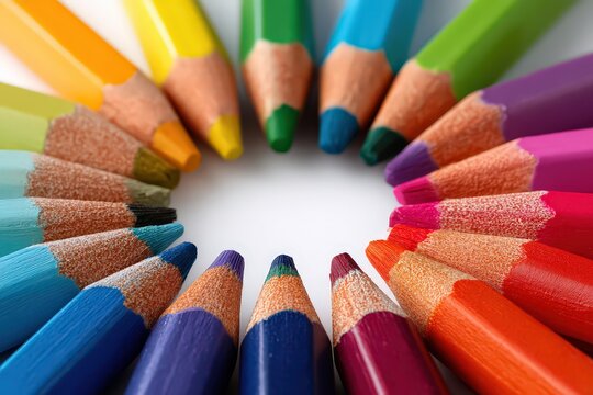 Close Up of Colored Pencils Arranged in a Circle on a White Background Showing Rainbow Colors and Creative Concept