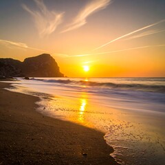 A coastal landscape features a radiant sunset, with the sun near the horizon. Water meets the sandy shore, a rocky hill at the back