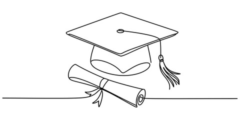 Continuous line drawing of a graduation cap and diploma scroll, symbolizing academic achievement, education, and successful completion of studies