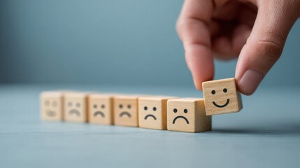 From Sadness to Happiness: A hand places a happy face block with many other face blocks, symbolizing the shift from sadness to happiness and emotional well-being.