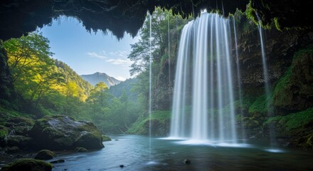 Fototapeta premium Spectacular waterfall cascading from a cave entrance into a lush, green landscape, providing a