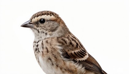 Close-up of a small brown and white sparrow bird looking left.