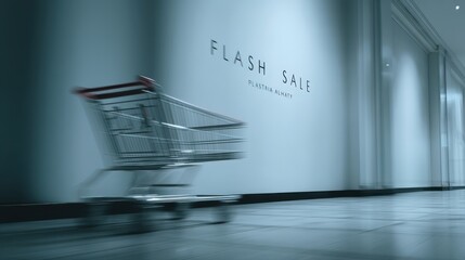 A shopping cart moves quickly in a retail space, highlighting a promotional "Flash Sale" sign against a minimalist backdrop.