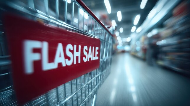 A shopping cart with a "FLASH SALE" sign, blurred in a retail environment, captures the excitement of limited-time offers. - Powered by Adobe