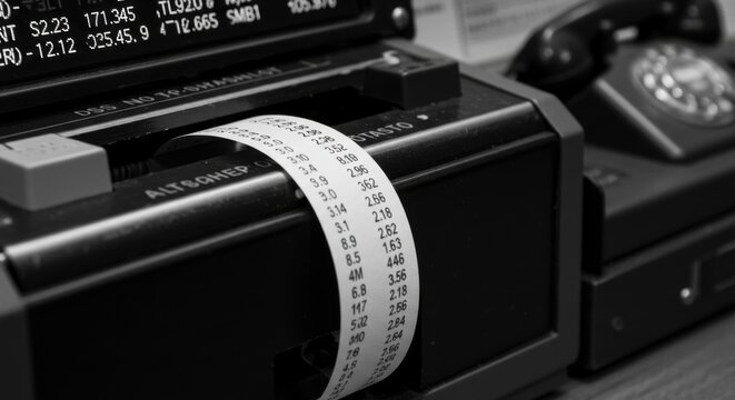 Vintage calculator with adding machine tape showing numerical data in black and white photography