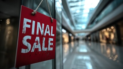 A vibrant "Final Sale" sign hangs in a shopping mall, indicating discounts and promotions amidst a blurred retail background.