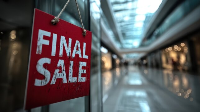 A vibrant "Final Sale" sign hangs in a shopping mall, indicating discounts and promotions amidst a blurred retail background.