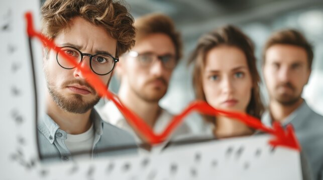 A group of professionals analyzes a declining graph, expressing concern and contemplation about the situation depicted. - Powered by Adobe