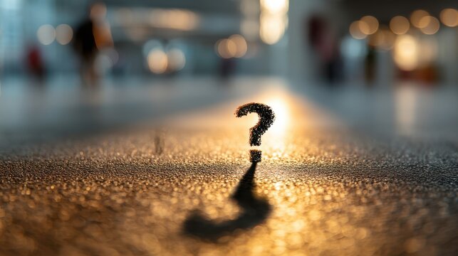 A close-up image of a question mark casting a shadow, set against a blurred background with soft lighting, suggesting mystery or inquiry.