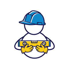 Obraz premium Cartoon Construction Worker Holding Level Tool with Hard Hat and Gloves.