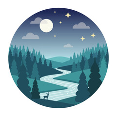 Moonlit River Through Pine Forest