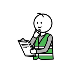 Stick Figure Inspector Contemplating Checklist with Green Safety Vest.