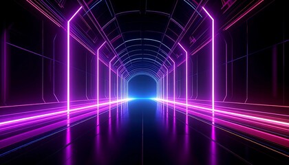 A futuristic tunnel with vibrant pink and blue neon lights creating a sense of depth and perspective. The pathway recedes