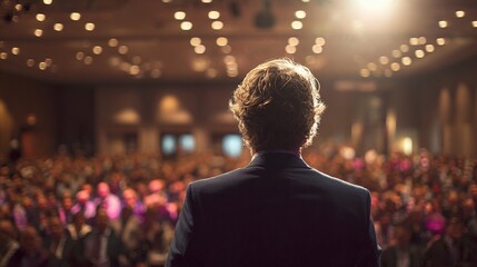 Professional speaker addressing audience at business conference, upper body rear view with studio lighting and blurred crowd. High quality
