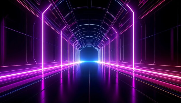 A futuristic tunnel with vibrant pink and blue neon lights creating a sense of depth and perspective. The pathway recedes