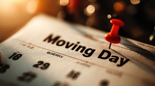 A close-up of a calendar page featuring "Moving Day," highlighted by a red pushpin, capturing the essence of planning a significant life change.