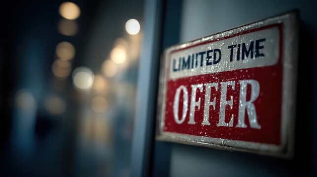 A close-up of a sign that reads "Limited Time Offer," highlighting a promotional deal in a blurred background with a moody atmosphere.
