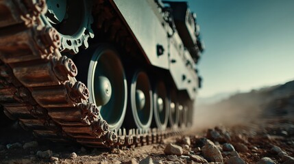 A close-up view of a military tank"s tread on rocky terrain, highlighting its robust design and powerful presence in a dusty environment.