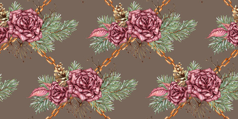 Burgundy roses, fir branches, cones, dry branches, dried flowers, leaves and chains seamless pattern watercolor illustration. Earth tone isolated, suitable for Christmas and New Year wrapping paper, 