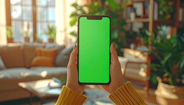 A person holds a smartphone with a green screen in front of a blurred living room scene, including furniture and plants