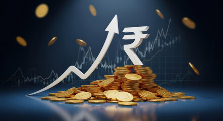 Indian Rupee Appreciation Financial Growth Depiction with Currency Symbol and Stack of Coins Representing Economic Prosperity and Investment Opportunities in India