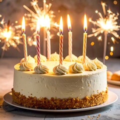 A delightful birthday cake with lit candles and sparklers, celebratory and festive, on a white plate