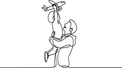 Continuous line drawing of a parent lifting a child playing with a toy airplane, symbolizing dreams, imagination, parenthood, and future aspirations