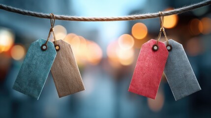 A collection of colorful fabric tags hanging on a twine, set against a blurred background of lights.