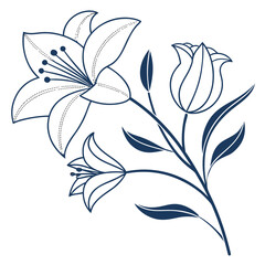 Elegant floral arrangement featuring lilies and a tulip, showcasing delicate lines and intricate details, creating a timeless botanical design isolated on